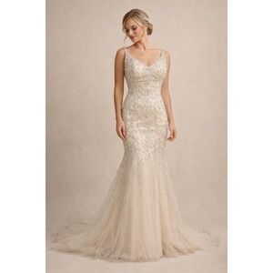 Stella York Wedding Gown 10 Champagne Mermaid Beaded Open Back train drop waist